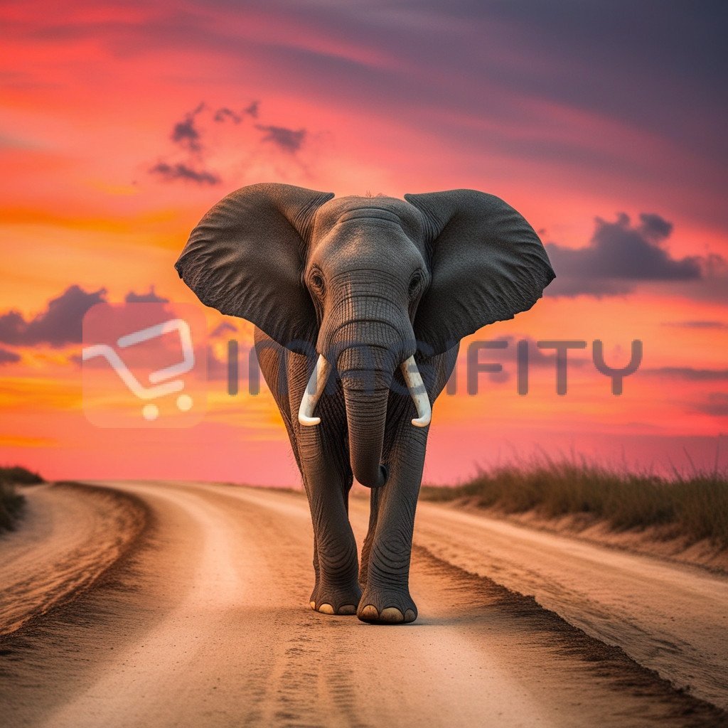 Majestic Elephant Walking Down a Road at Sunset