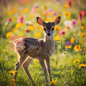 Adorable Fawn Standing in a Colorful Flower Meadow