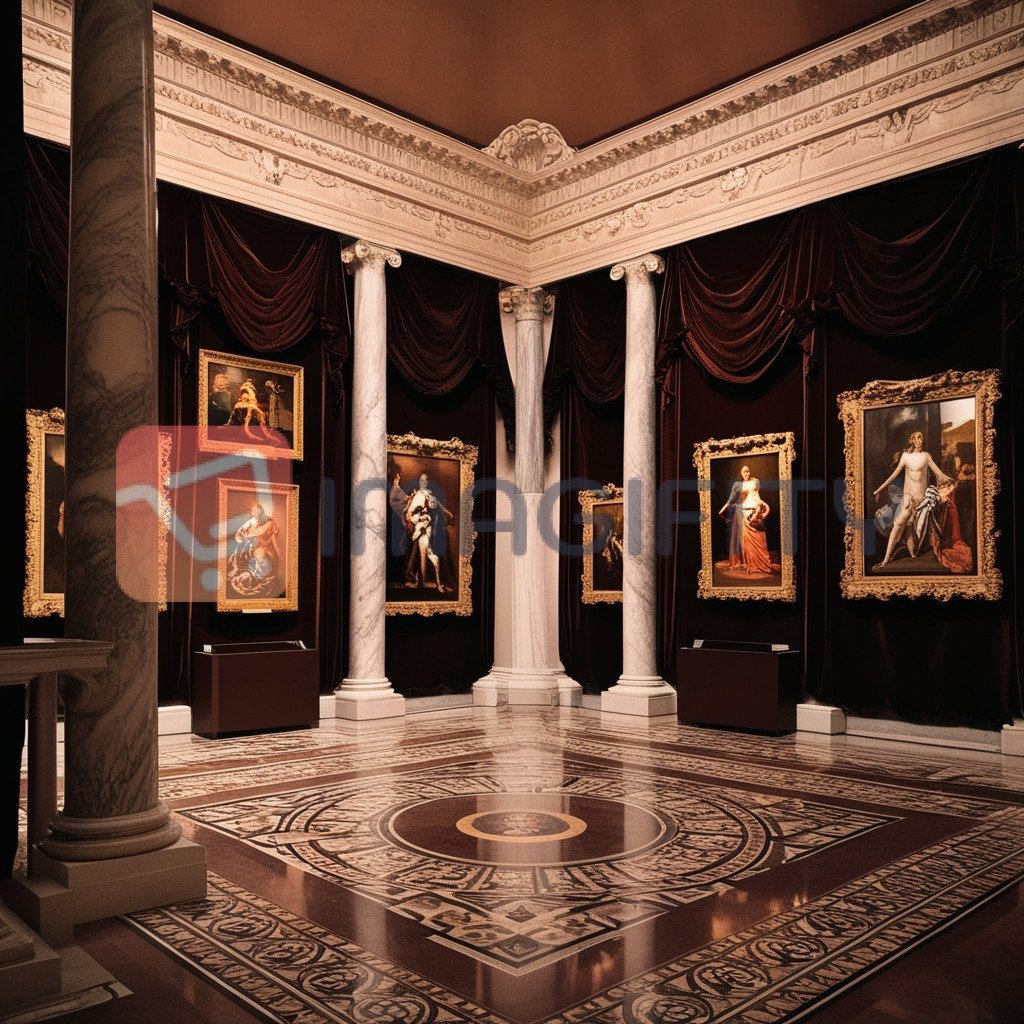 Classic Art Gallery with Ornate Frames and Marble Columns