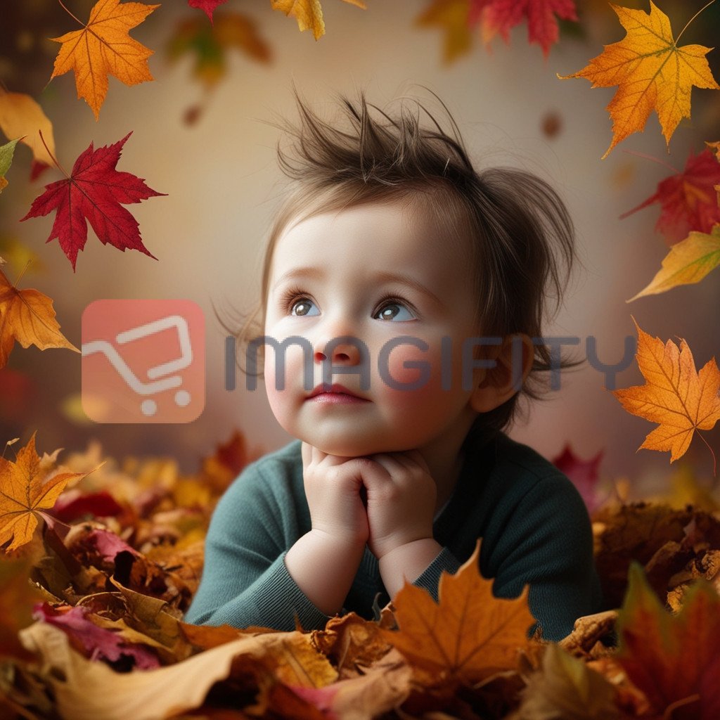 Dreamy Child Surrounded by Autumn Leaves