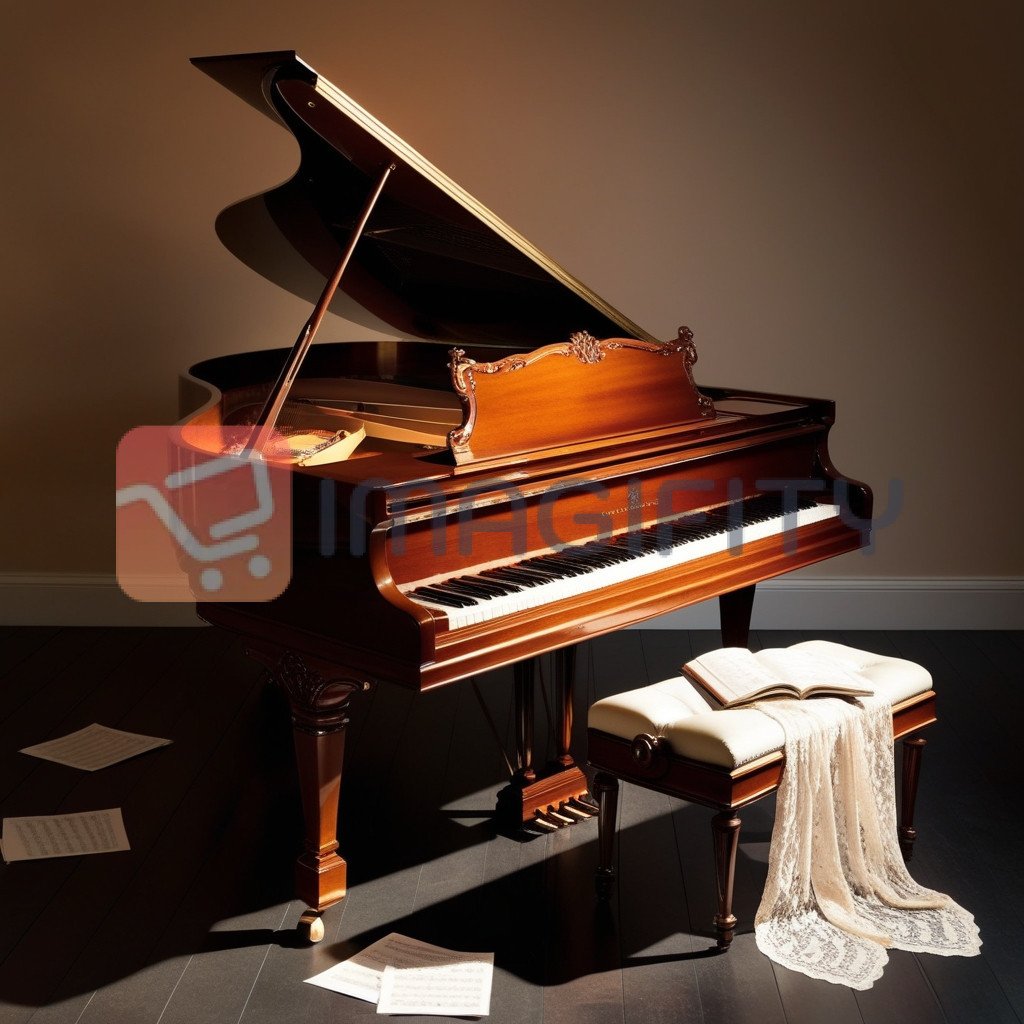 Elegant Grand Piano in a Sunlit Room with Music Sheets